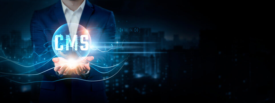 CMS Businessman Holding Global Network Connection of Data. Global Business. Content Management, Security, Efficiency, User-friendly Technical Interface on Cyberspace.