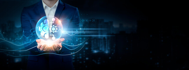 Machine Learning: Businessman Holding Global Network Connection of Data. Global Business. Automation, Prediction, Optimization, Advanced Technical Interface on Cyberspace.