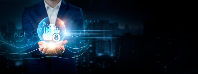 Open Data: Businessman Holding Global Network Connection of Data. Global Business. Transparency, Accessibility, Innovation on Cyberspace.