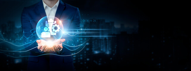 Project Management: Businessman Holding Global Network Connection of Data. Global Business....