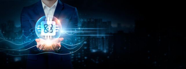 Quantum Computing: Businessman Holding Global Network Connection of Data. Global Business. Innovation, Advancement, Transformation on Cyberspace.