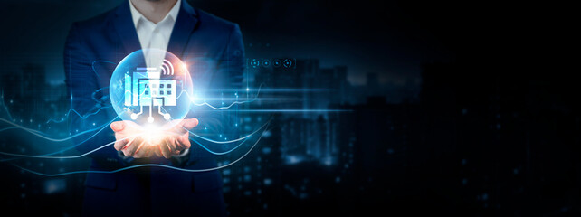 Smart Building Technology: Businessman Holding Global Network Connection of Data. Global Business. Automation, Efficiency, Sustainability, Innovative Technical Interface on Cyberspace.