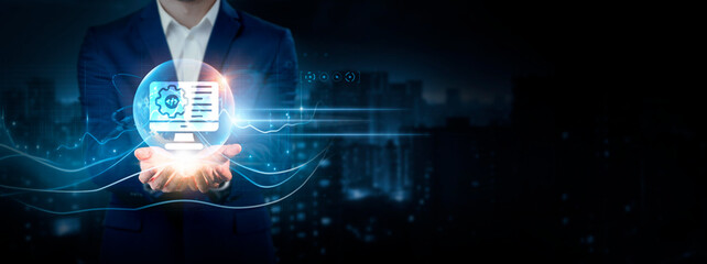 Software Development: Businessman Holding Global Network Connection of Data. Global Business. Innovation, Efficiency, Collaboration on Cyberspace.