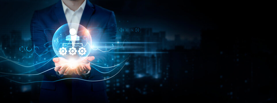 Network Administration: Businessman Holding Global Network Connection of Data. Global Business. Efficiency, Security, Management on Cyberspace.