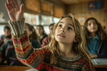 Obraz premium A teenage girl in a sweater with blond hair raises her hand in class.