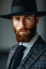 A man with a red beard and mustache, wearing a black hat and suit. The man looks at the camera with a serious expression on his face.