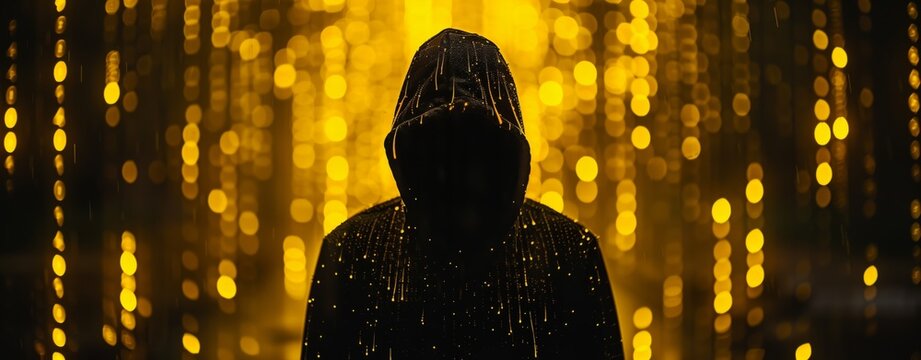 Hacker in dark hood, binary code background, silhouette, yellow and black color theme