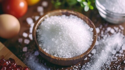 A wooden bowl filled with coarse salt sits on a rustic kitchen counter surrounded by fresh ingredients