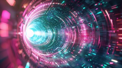 Fototapeta premium A tunnel with neon lights and a pink and blue color scheme.