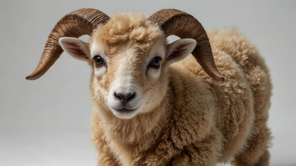 Fototapeta premium A very cute light brown baby sheep isolated on white background at studio. very cute and beautiful little ram.