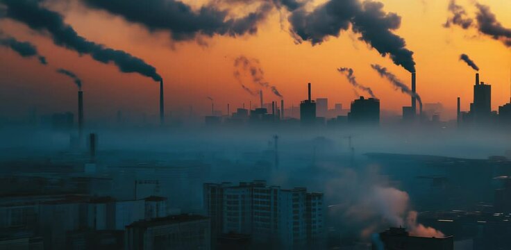 Industrial city pollution at sunset