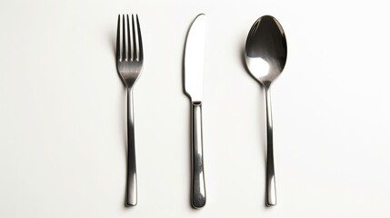 A fork, knife, and spoon are isolated on a white background