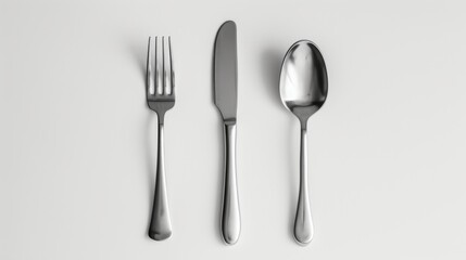 A fork, knife, and spoon are isolated on a white background