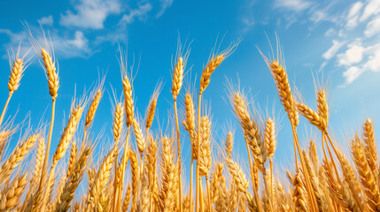 Fototapeta premium Ears of golden wheat against the blue sky. Rural scene under sunlight. Summer background of ripening ears