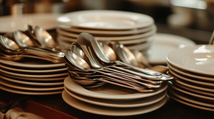 Many spoons are stacked on a pile of plates