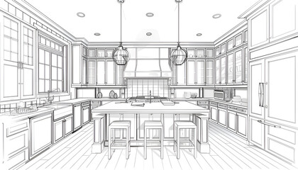 basic home kitchen center island, sketch line art, front view