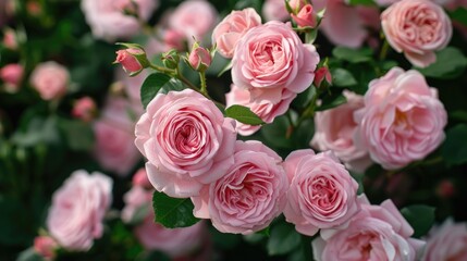 A stunning display of Rosa Damascena commonly known as Damask roses blooming vibrantly against a dark backdrop Picture a lush bush adorned with delicate pink petals enveloped in a rich roman