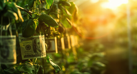 Small paper banknotes growing over green plants in garden - money grows on tree concept. Generative AI
