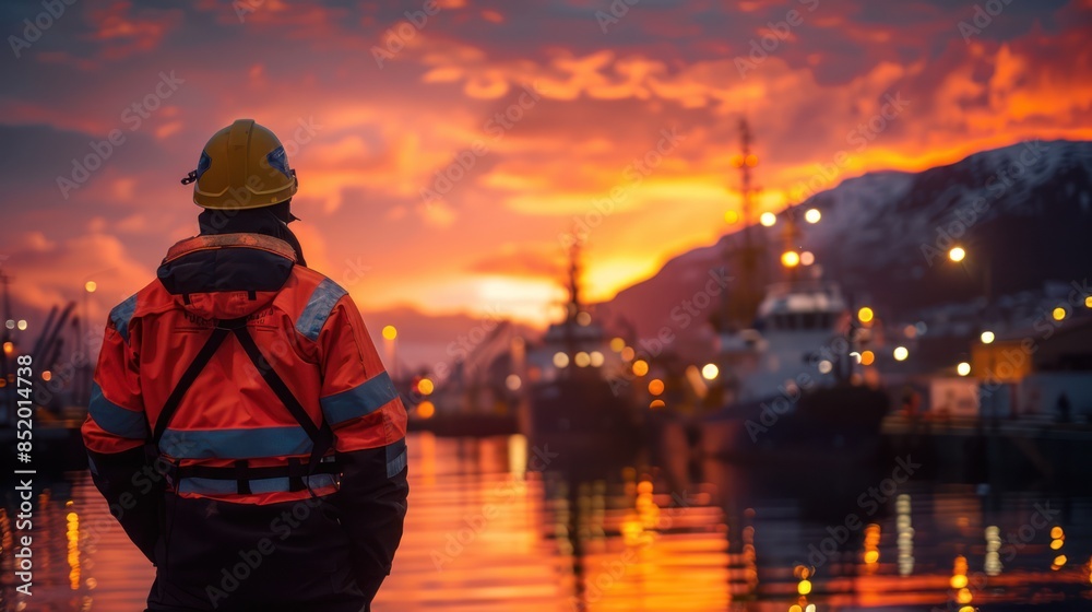 Wall mural harbor worker in reflective gear overlooking at dusk - Wall murals