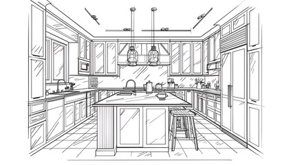 basic home kitchen center island, sketch line art, front view