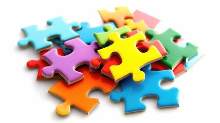 Fototapeta premium Stack of colorful jigsaw puzzle pieces on white background