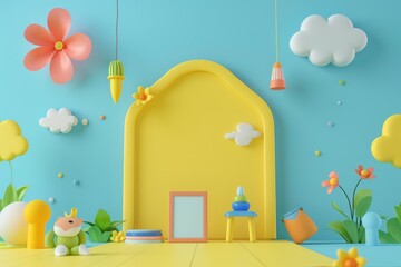 A Playful Pastel Paradise: 3D Rendered Scene With A Yellow Arched Doorway, Clouds, Flowers, And A Smiling Frog Toy