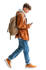 Naklejka premium man walking wearing trendy clothes holding his phone in his hand and looking at the screen while walking isolated on transparent background
