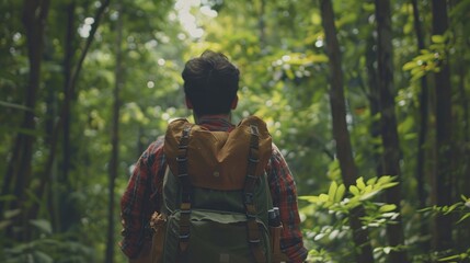 Fototapeta premium A man explores the forest while traveling