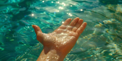 Glistening hand of a person touching clear blue water with droplets and reflection in sunlight, evoking tranquility and nature's purity.