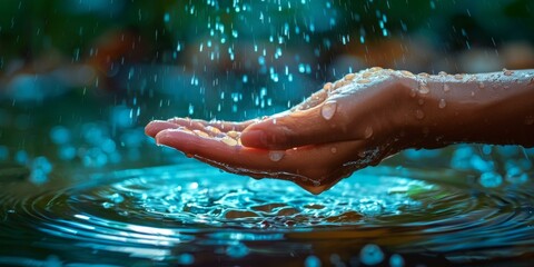 Enthralling close-up of hand catching clear droplets over a rippling turquoise pool, evoking tranquility and connection with nature.