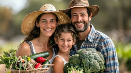 Joyful family of three celebrating harvest season on organic farm with freshly picked vegetables, bright hats, and sunny background.