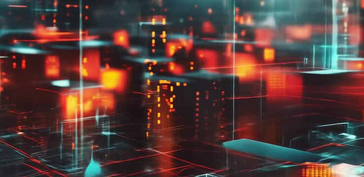 Neon-lit shipping container yard with digital connectivity