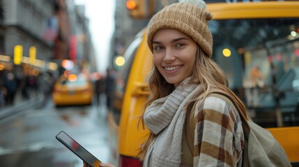 Digital Connection: Woman Smiling While Using Tablet Next to Yellow Taxi