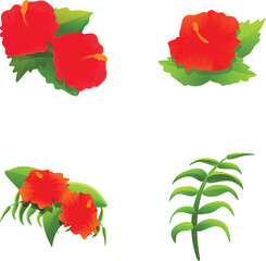 Hibiscus plant icons set cartoon vector. Blooming red hibiscus with green leaf. Decorative exotic flower