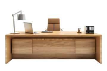 wooden office desk with lamp table isolated on transparent background