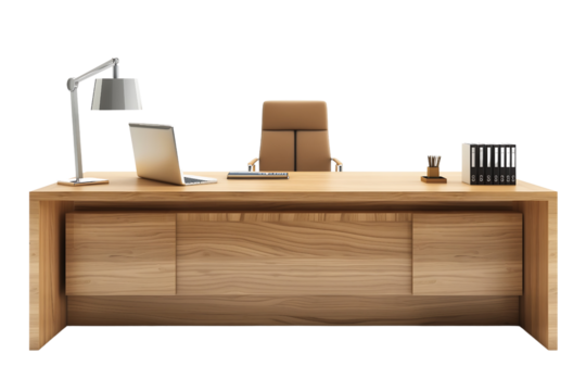 wooden office desk with lamp table isolated on transparent background