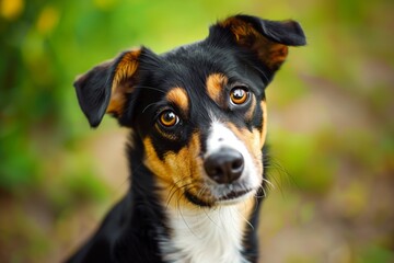A close-up portrait of a tricolor mixed breed dogs head, looking directly at the camera with a curious expression