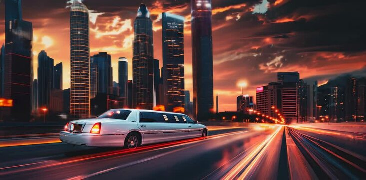 White limousine driving through modern city at sunset