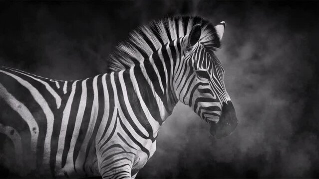 Artistic image of a zebra in black and white with black background and soft smoke