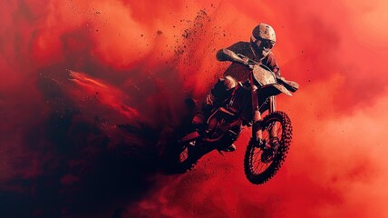 Male motorcyclist jumps over dirt trail, creating dramatic dust trail