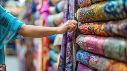 Person shopping for colorful fabrics in vibrant market setting