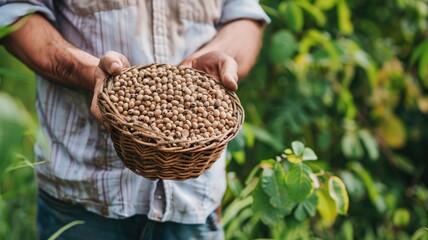 Man holding basket of harvested coffee beans in green plantation