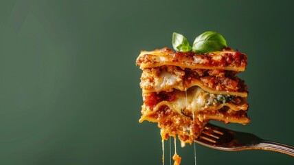 Layers of cheesy, meaty lasagna on fork, garnished with basil