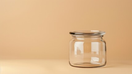 Clear, round glass jar with matching lid on neutral background
