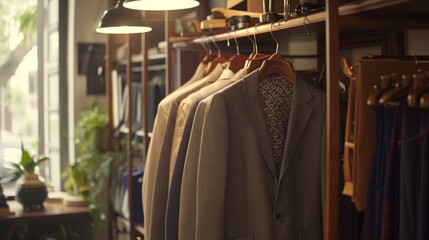 Fototapeta premium Atelier is decorated with fashionable tailored blazers hanging on a hanger