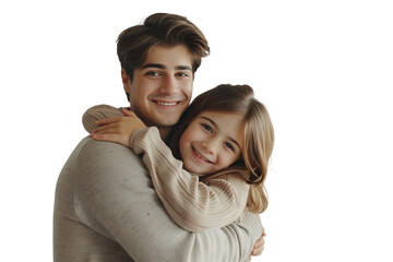young father hugging his daughter smiling at the camera isolated on transparent background