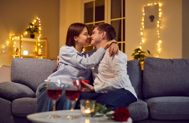Valentine day young beautiful people in love, boy and girl lovers express affection in romantic hug. Loving couple, male, female pair close, enjoying happy intimate emotion together, celebrating 