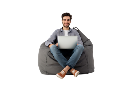 young man sit in bag chair working on laptop isolated on transparent background - Powered by Adobe
