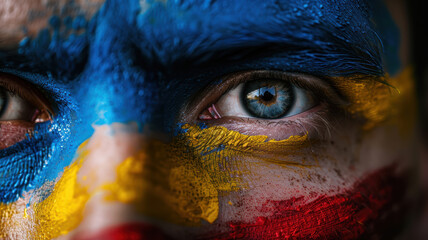Naklejka premium Romanian Soccer Fan with Flag Painted Face