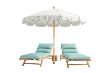 beach umbrella and lounge chairs isolated on transparent background